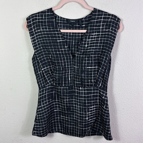 Theory Kimono Pleat Grid Print 100% Silk Twill Top Blouse Black White Sz Small - Picture 5 of 13